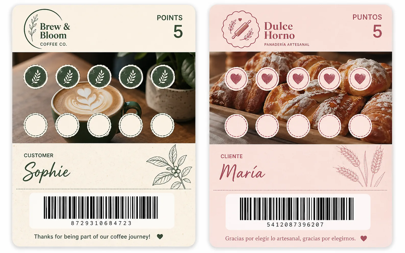 Loyalty Wallet digital stamp cards for small businesses — Brew & Bloom and Dulce Horno, built by Abielcode Florida